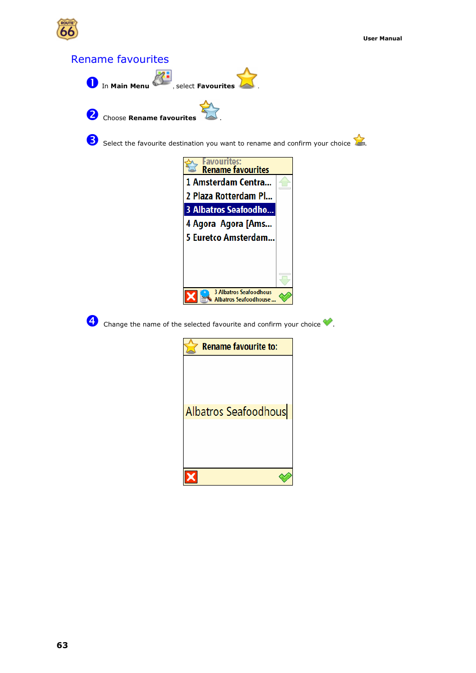 Rename favourites | ROUTE 66 Mobile 7 WMS User Manual | Page 63 / 71