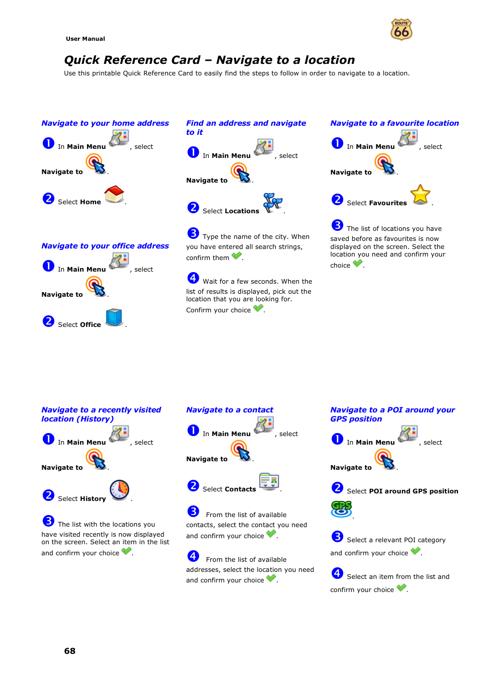 Quick reference card – navigate to a location | ROUTE 66 Mobile 7 WMS User Manual | Page 68 / 71