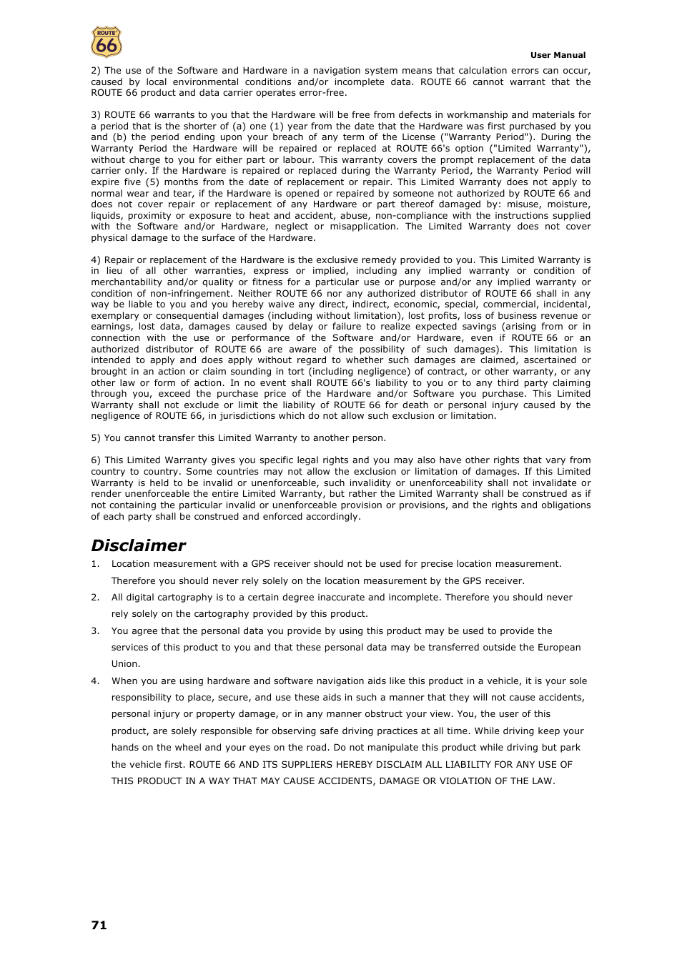 Disclaimer | ROUTE 66 Mobile 7 WMS User Manual | Page 71 / 71