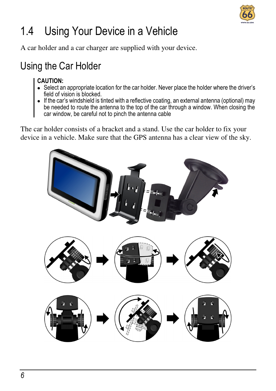 4 using your device in a vehicle, Using the car holder | ROUTE 66 Chicago User Manual | Page 10 / 30