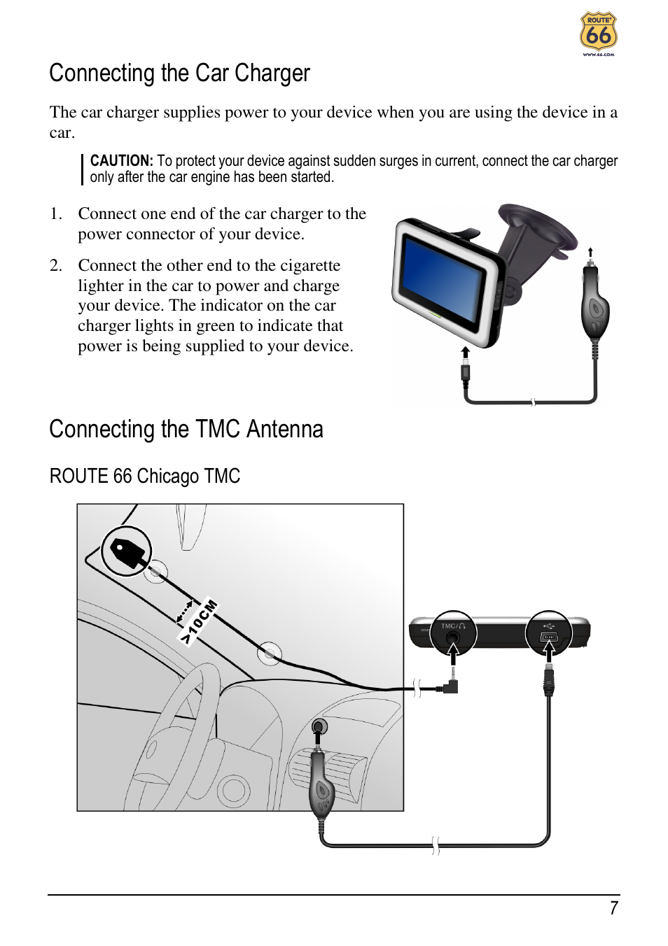 Connecting the car charger, Connecting the tmc antenna | ROUTE 66 Chicago User Manual | Page 11 / 30