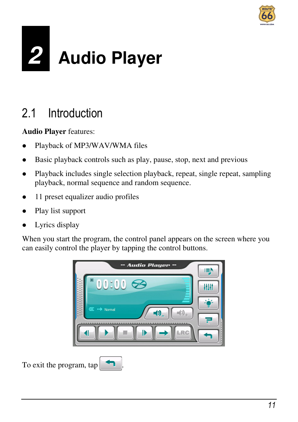 Audio player, 1 introduction | ROUTE 66 Chicago User Manual | Page 15 / 30