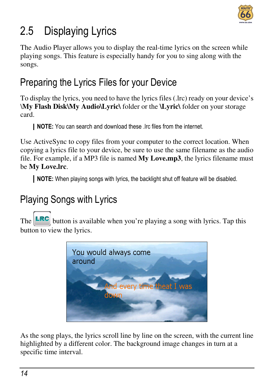 5 displaying lyrics, Preparing the lyrics files for your device, Playing songs with lyrics | ROUTE 66 Chicago User Manual | Page 18 / 30