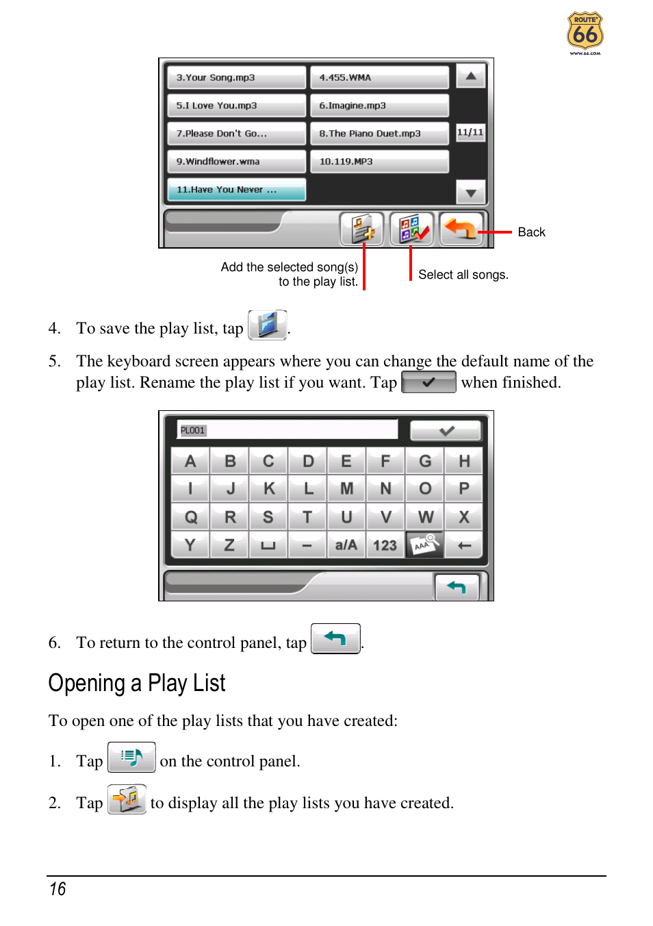 Opening a play list | ROUTE 66 Chicago User Manual | Page 20 / 30