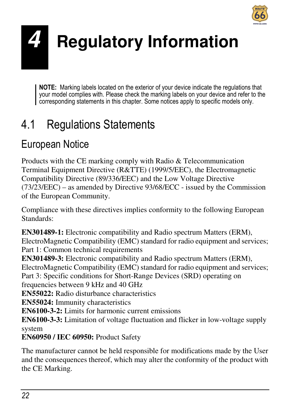 Regulatory information, 1 regulations statements | ROUTE 66 Chicago User Manual | Page 26 / 30