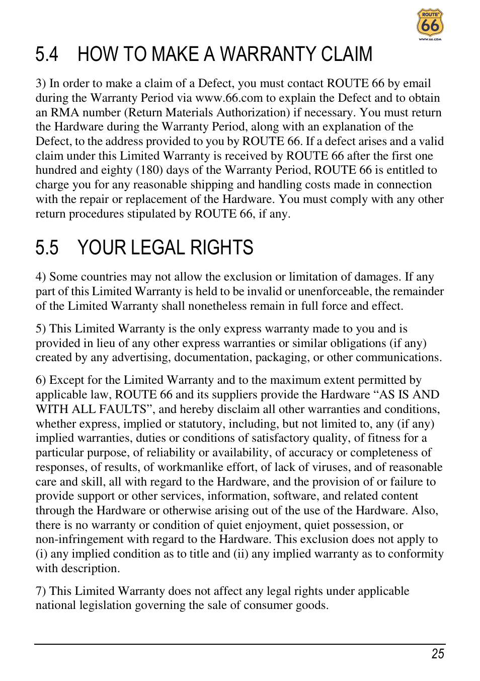 4 how to make a warranty claim, 5 your legal rights | ROUTE 66 Chicago User Manual | Page 29 / 30