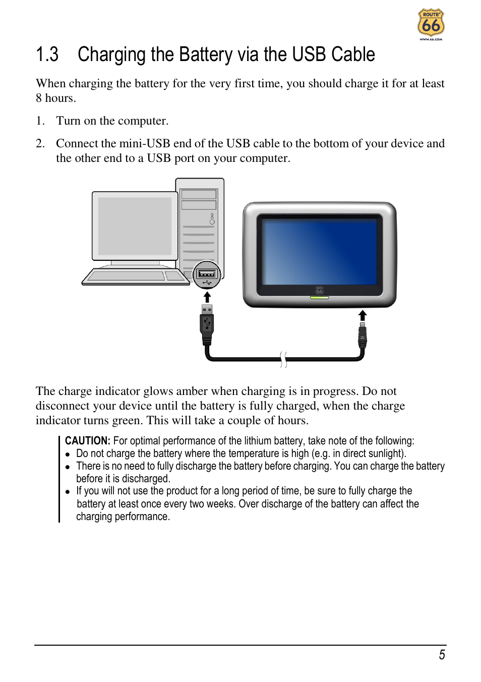 3 charging the battery via the usb cable | ROUTE 66 Chicago User Manual | Page 9 / 30