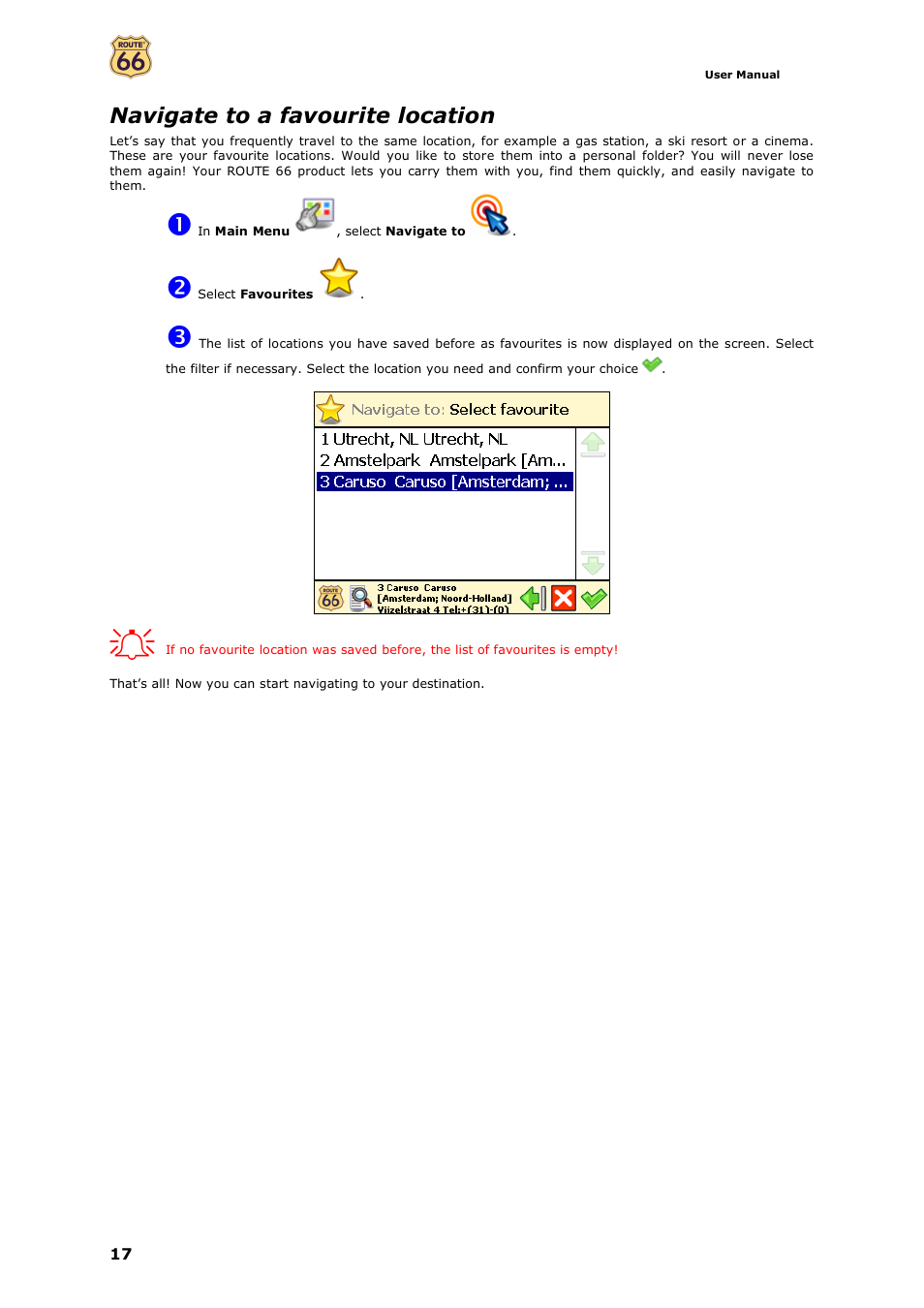 Navigate to a favourite location | ROUTE 66 Navigate 7 User Manual | Page 17 / 74