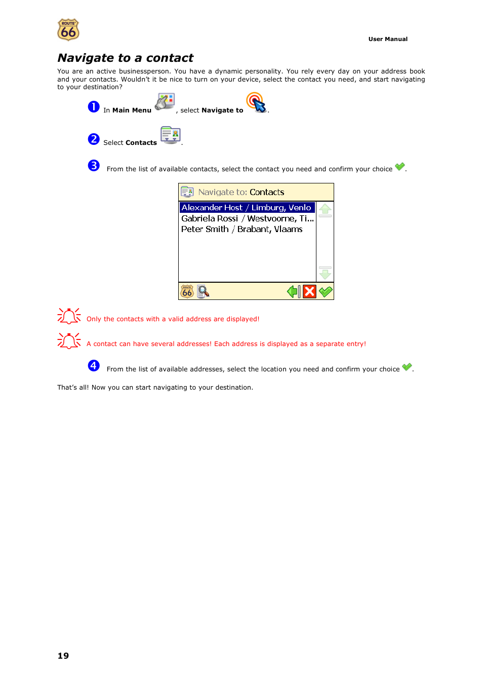 Navigate to a contact | ROUTE 66 Navigate 7 User Manual | Page 19 / 74