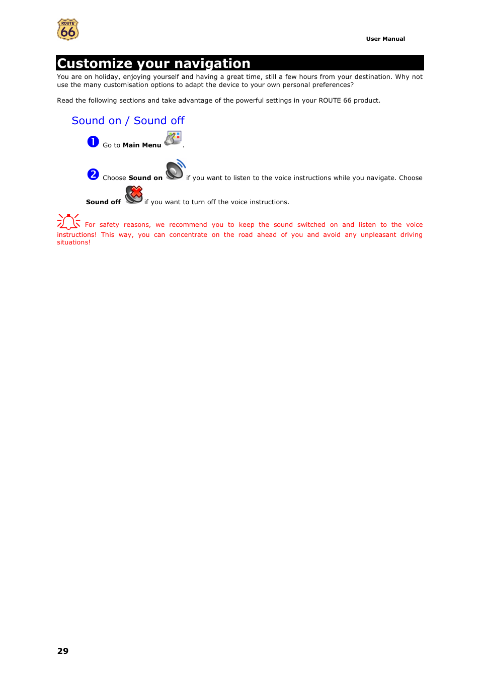 Customize your navigation, Sound on / sound off | ROUTE 66 Navigate 7 User Manual | Page 29 / 74
