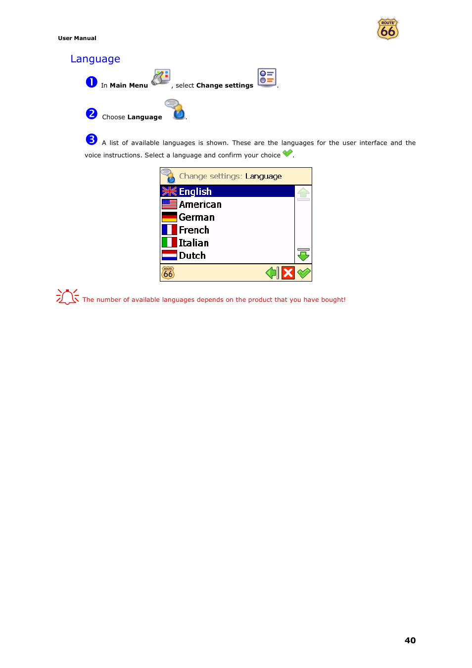 Language | ROUTE 66 Navigate 7 User Manual | Page 40 / 74