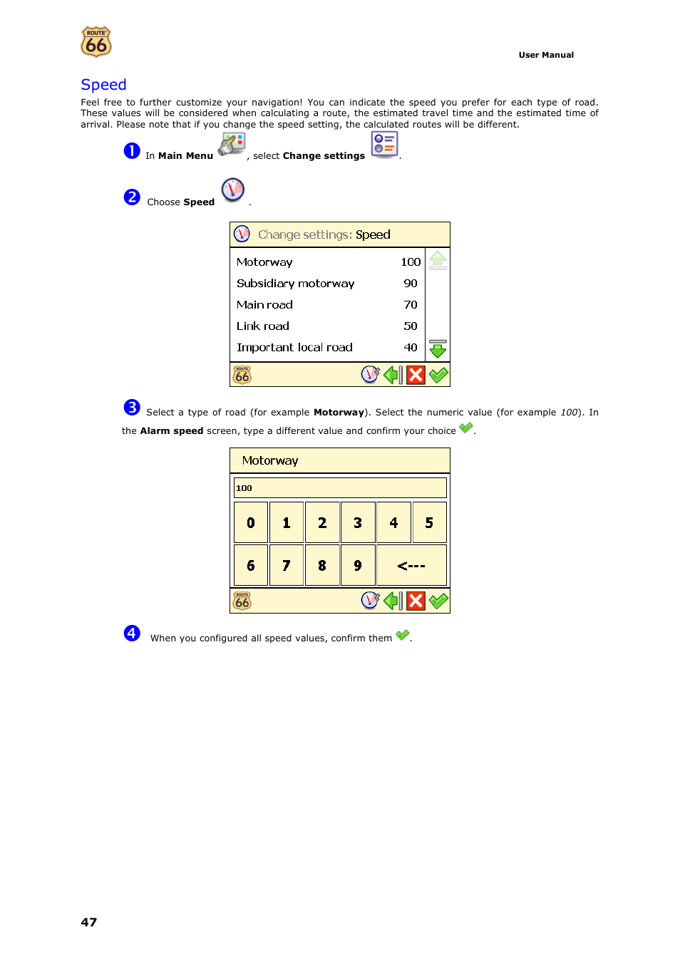 Speed | ROUTE 66 Navigate 7 User Manual | Page 47 / 74