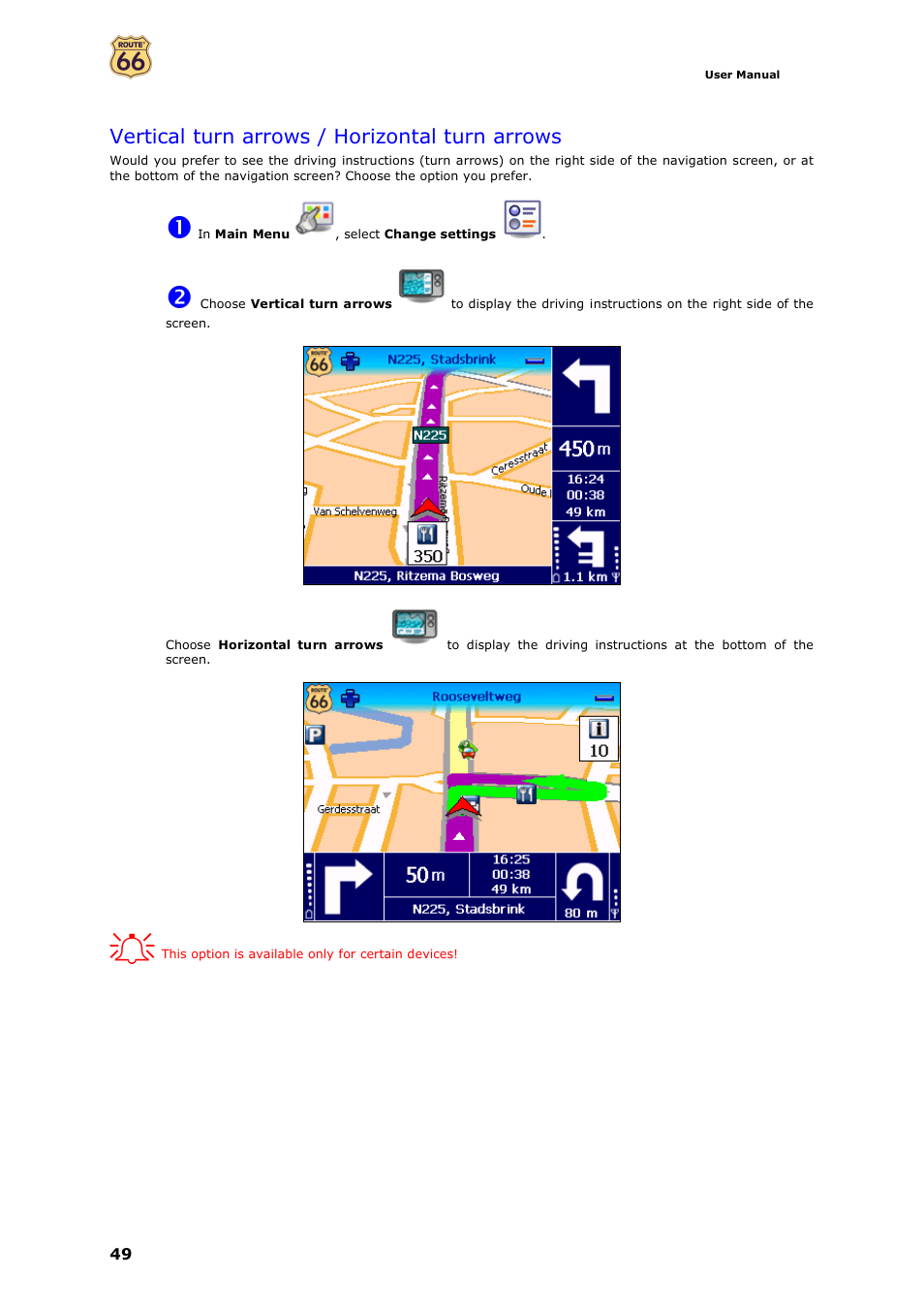 Vertical turn arrows / horizontal turn arrows | ROUTE 66 Navigate 7 User Manual | Page 49 / 74