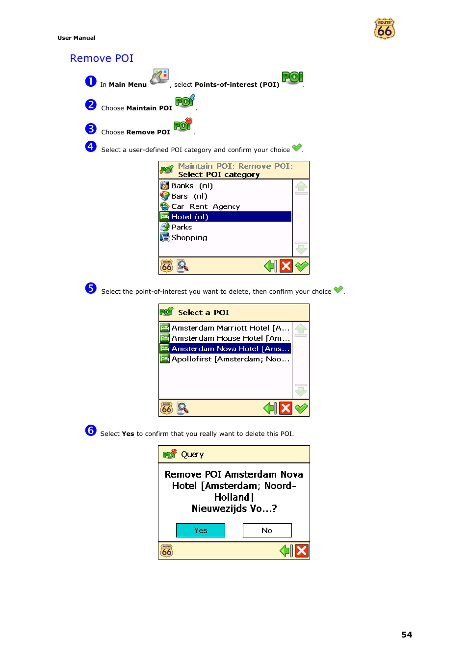 Remove poi | ROUTE 66 Navigate 7 User Manual | Page 54 / 74