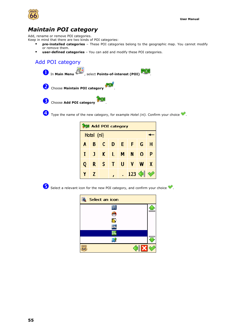 Maintain poi category, Add poi category | ROUTE 66 Navigate 7 User Manual | Page 55 / 74