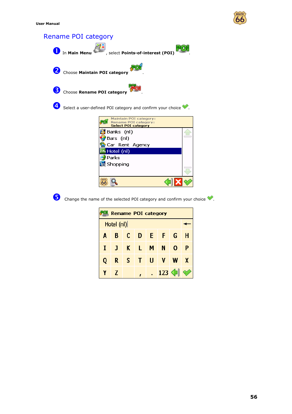 Rename poi category | ROUTE 66 Navigate 7 User Manual | Page 56 / 74