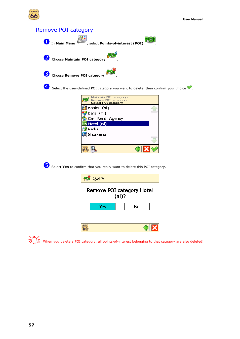 Remove poi category | ROUTE 66 Navigate 7 User Manual | Page 57 / 74