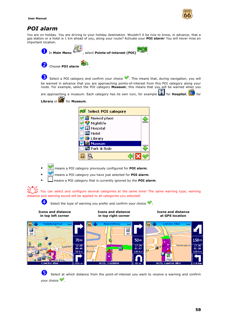 Poi alarm | ROUTE 66 Navigate 7 User Manual | Page 58 / 74