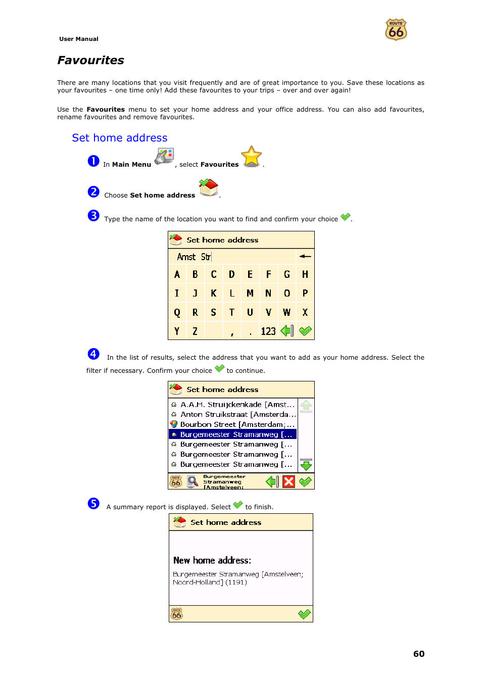 Favourites, Set home address | ROUTE 66 Navigate 7 User Manual | Page 60 / 74