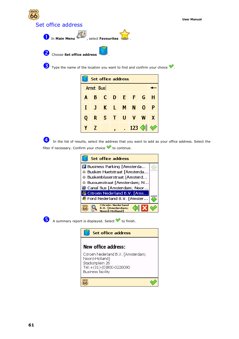 Set office address | ROUTE 66 Navigate 7 User Manual | Page 61 / 74