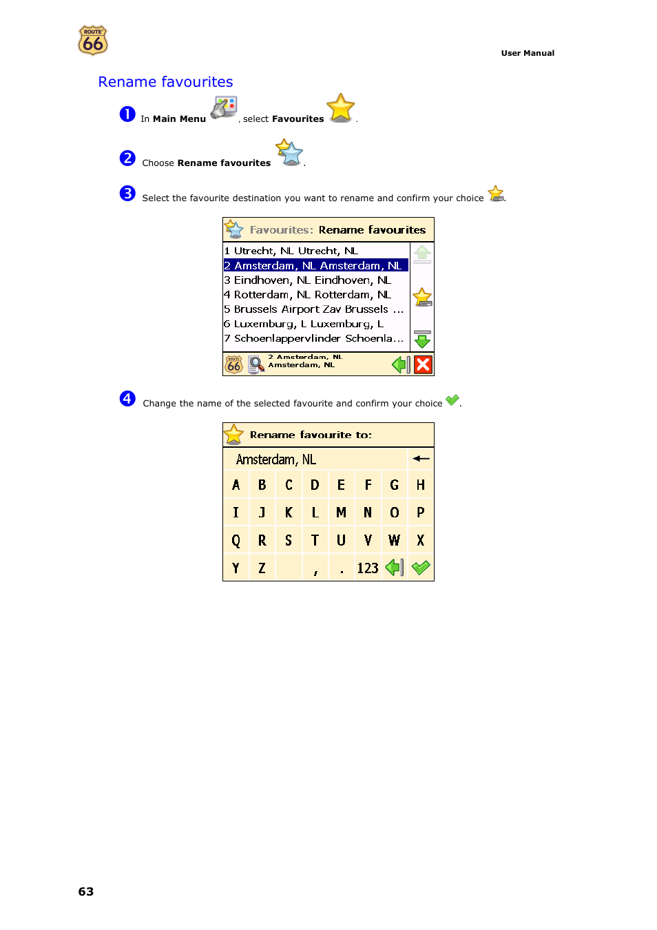 Rename favourites | ROUTE 66 Navigate 7 User Manual | Page 63 / 74