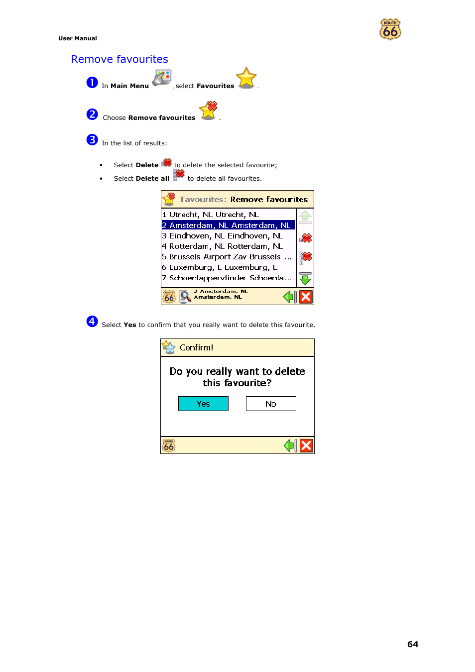 Remove favourites | ROUTE 66 Navigate 7 User Manual | Page 64 / 74