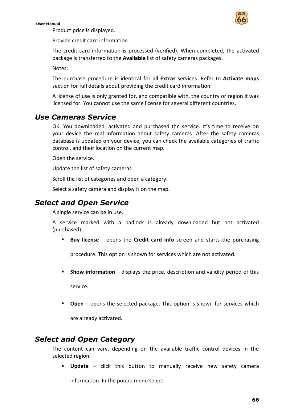Use cameras service, Select and open service, Select and open category | ROUTE 66 Navigate 7 User Manual | Page 66 / 74