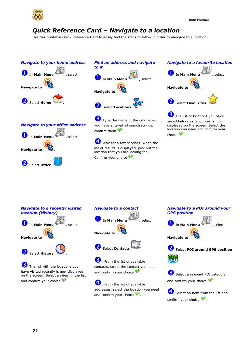 Quick reference card – navigate to a location | ROUTE 66 Navigate 7 User Manual | Page 71 / 74