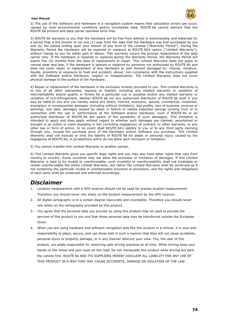 Disclaimer | ROUTE 66 Navigate 7 User Manual | Page 74 / 74