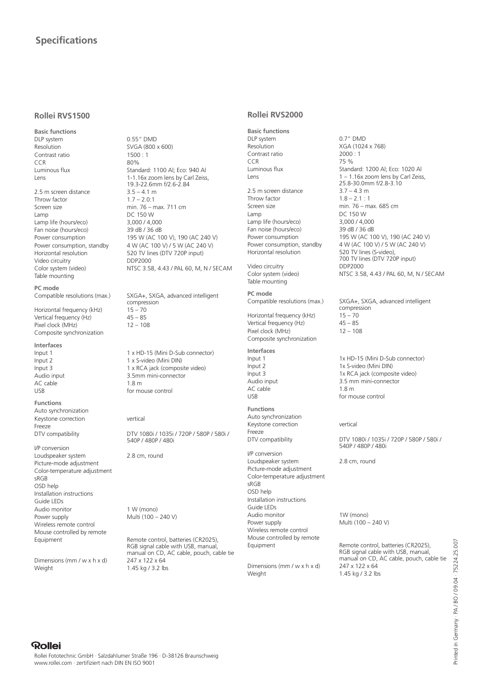 Specifications, Rollei rvs2000, Rollei rvs1500 | Rollei RVS1500 User Manual | Page 4 / 4
