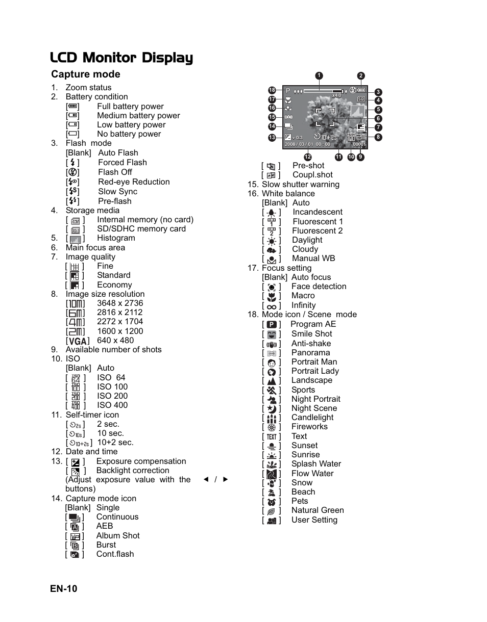 Lcd monitor display, Capture mode | Rollei Flexline 140 User Manual | Page 11 / 45