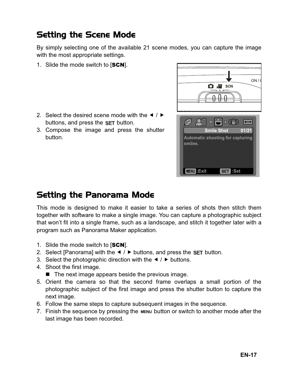 Setting the scene mode, Setting the panorama mode | Rollei Flexline 140 User Manual | Page 18 / 45