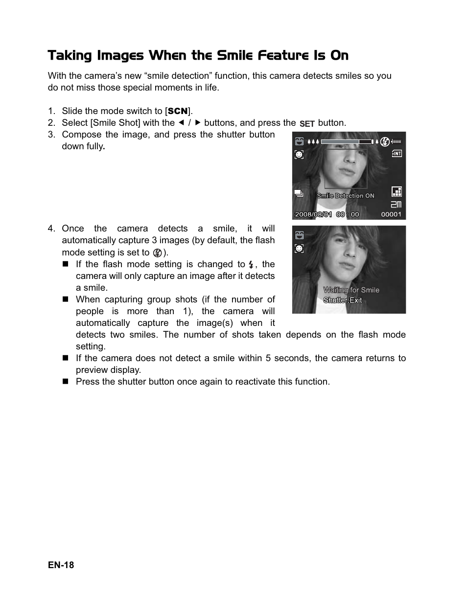 Taking images when the smile feature is on | Rollei Flexline 140 User Manual | Page 19 / 45