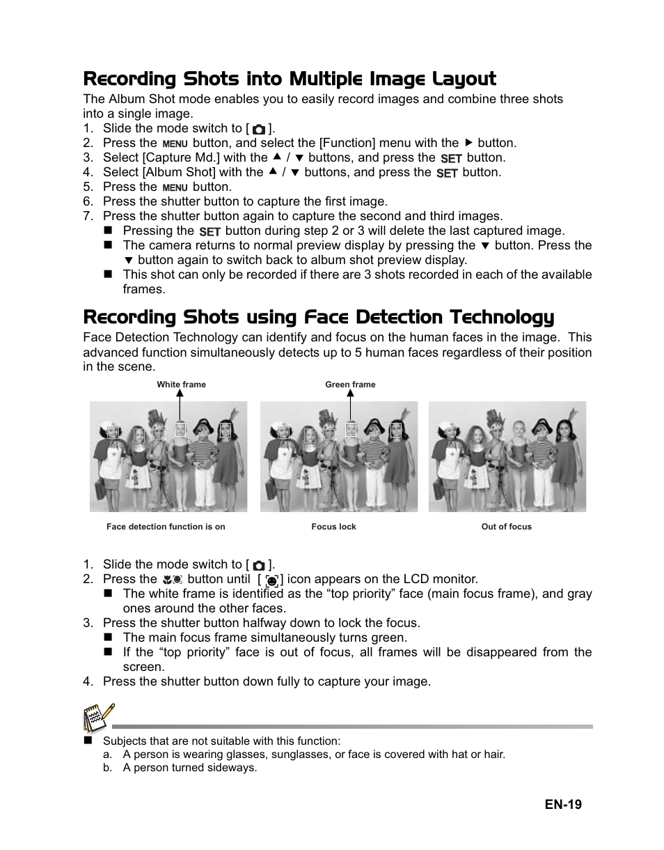 Recording shots into multiple image layout, Recording shots using face detection technology | Rollei Flexline 140 User Manual | Page 20 / 45