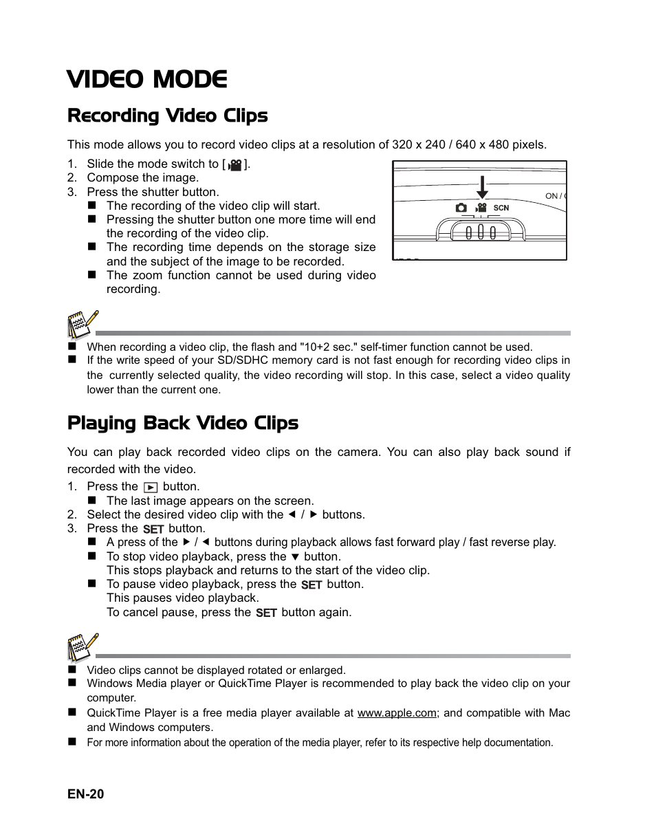 Video mode, Recording video clips, Playing back video clips | Rollei Flexline 140 User Manual | Page 21 / 45