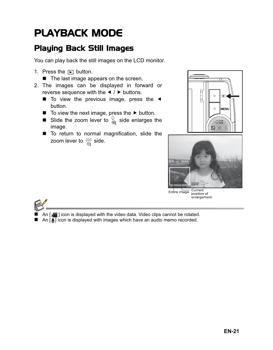 Playback mode, Playing back still images | Rollei Flexline 140 User Manual | Page 22 / 45