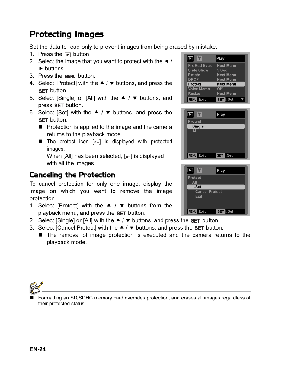 Protecting images, Canceling the protection | Rollei Flexline 140 User Manual | Page 25 / 45