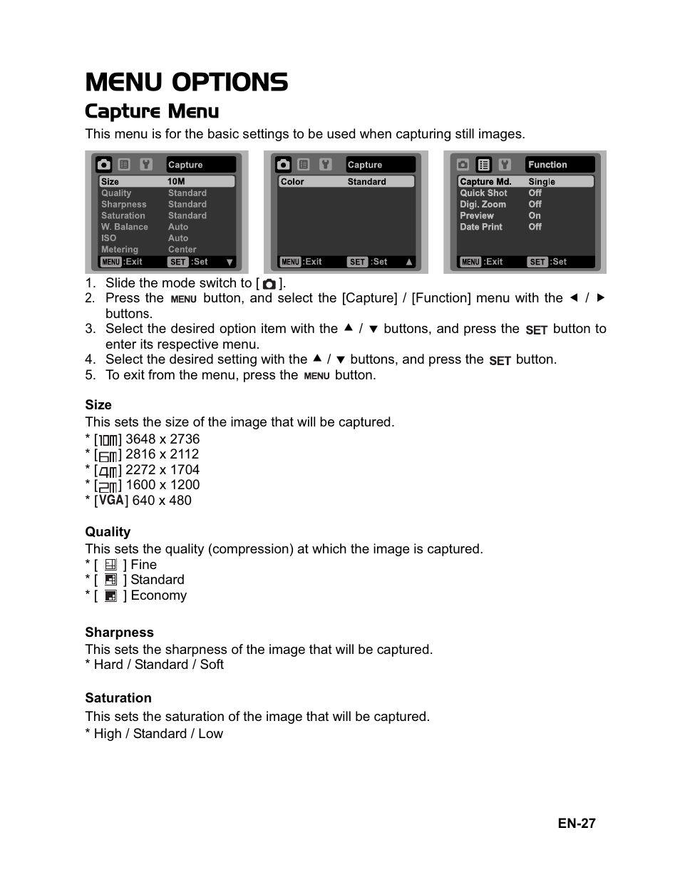 Menu options, Capture menu | Rollei Flexline 140 User Manual | Page 28 / 45