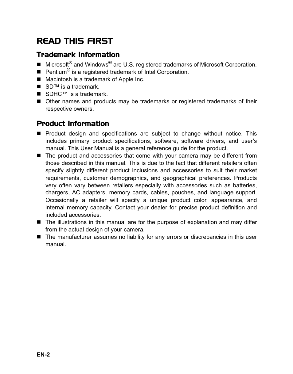Read this first, Trademark information, Product information | Rollei Flexline 140 User Manual | Page 3 / 45