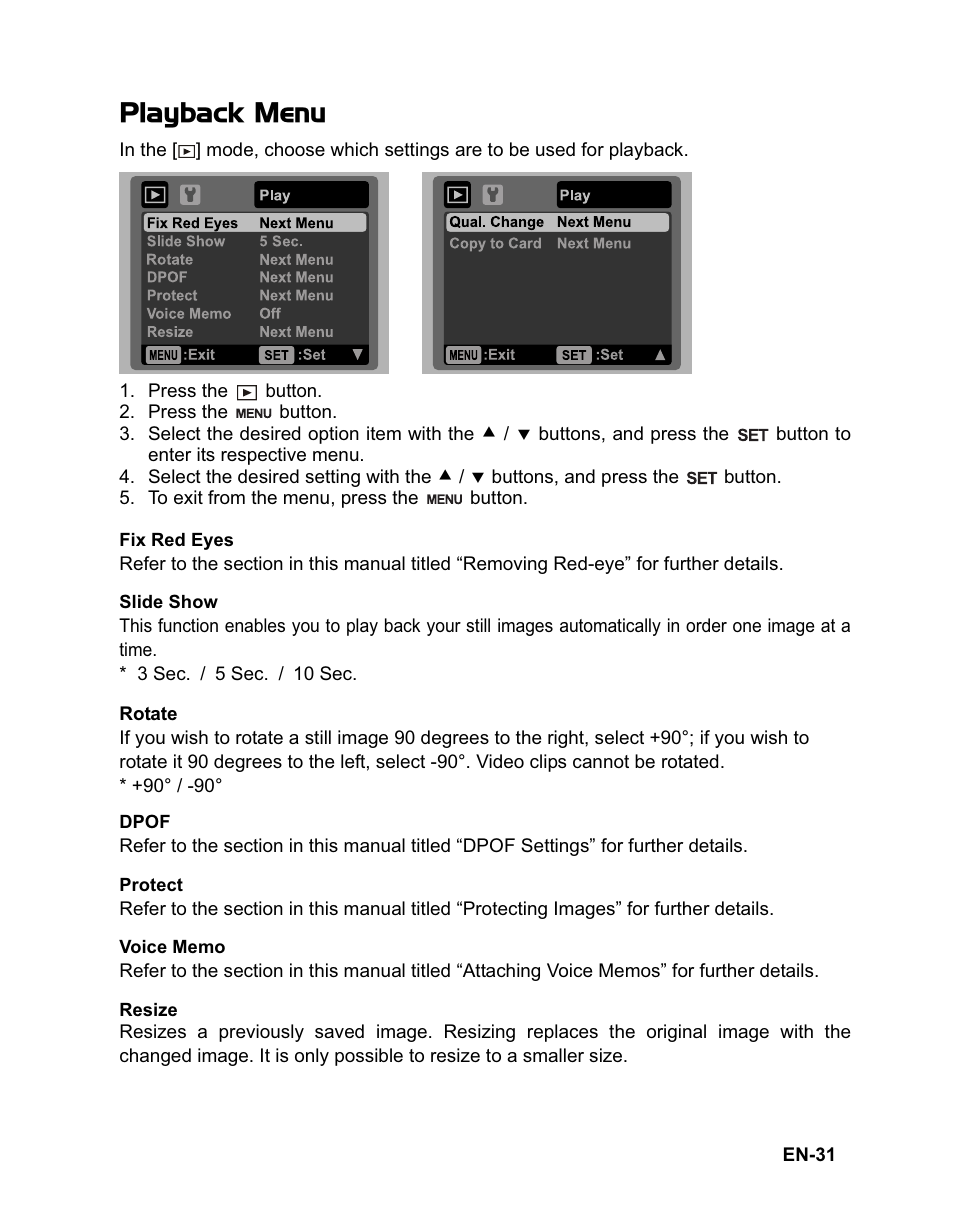 Playback menu | Rollei Flexline 140 User Manual | Page 32 / 45