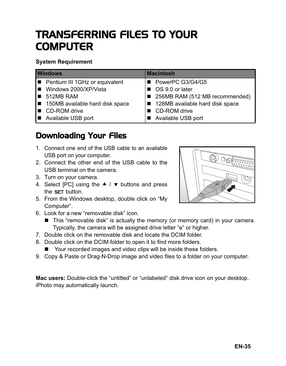 Transferring files to your computer, Downloading your files | Rollei Flexline 140 User Manual | Page 36 / 45