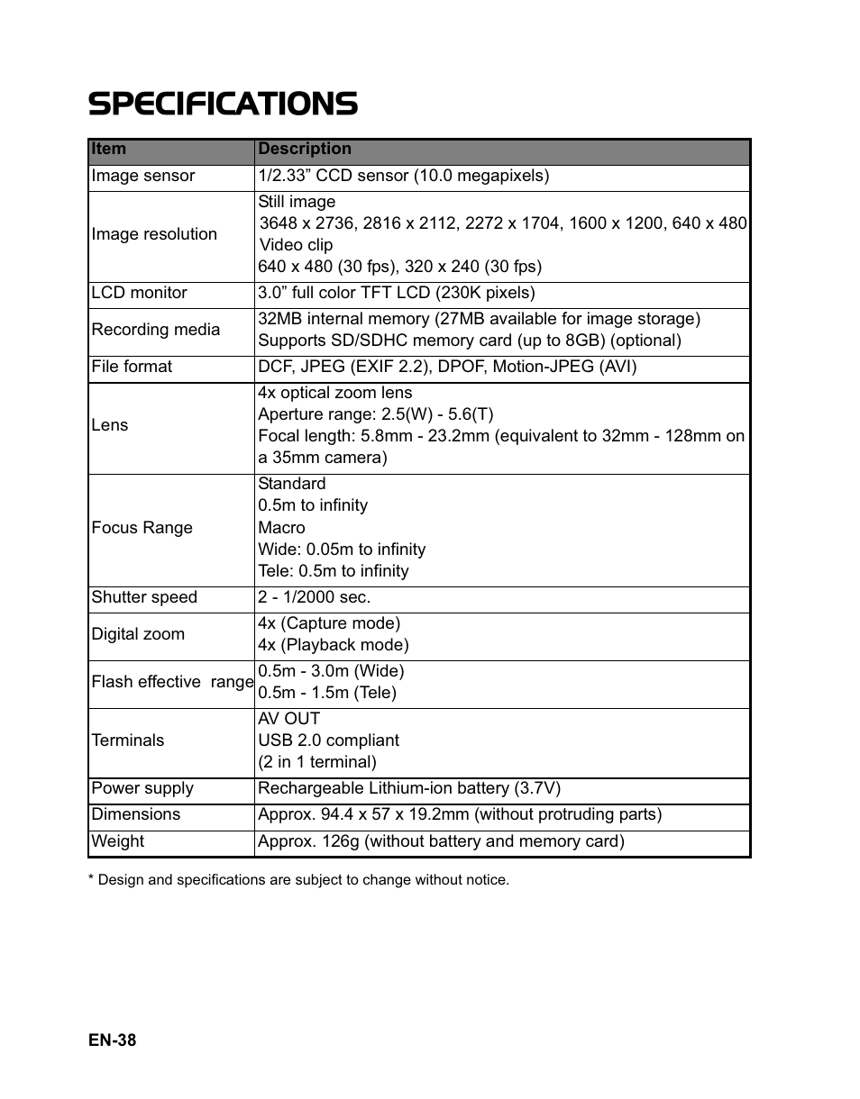 Specifications | Rollei Flexline 140 User Manual | Page 39 / 45