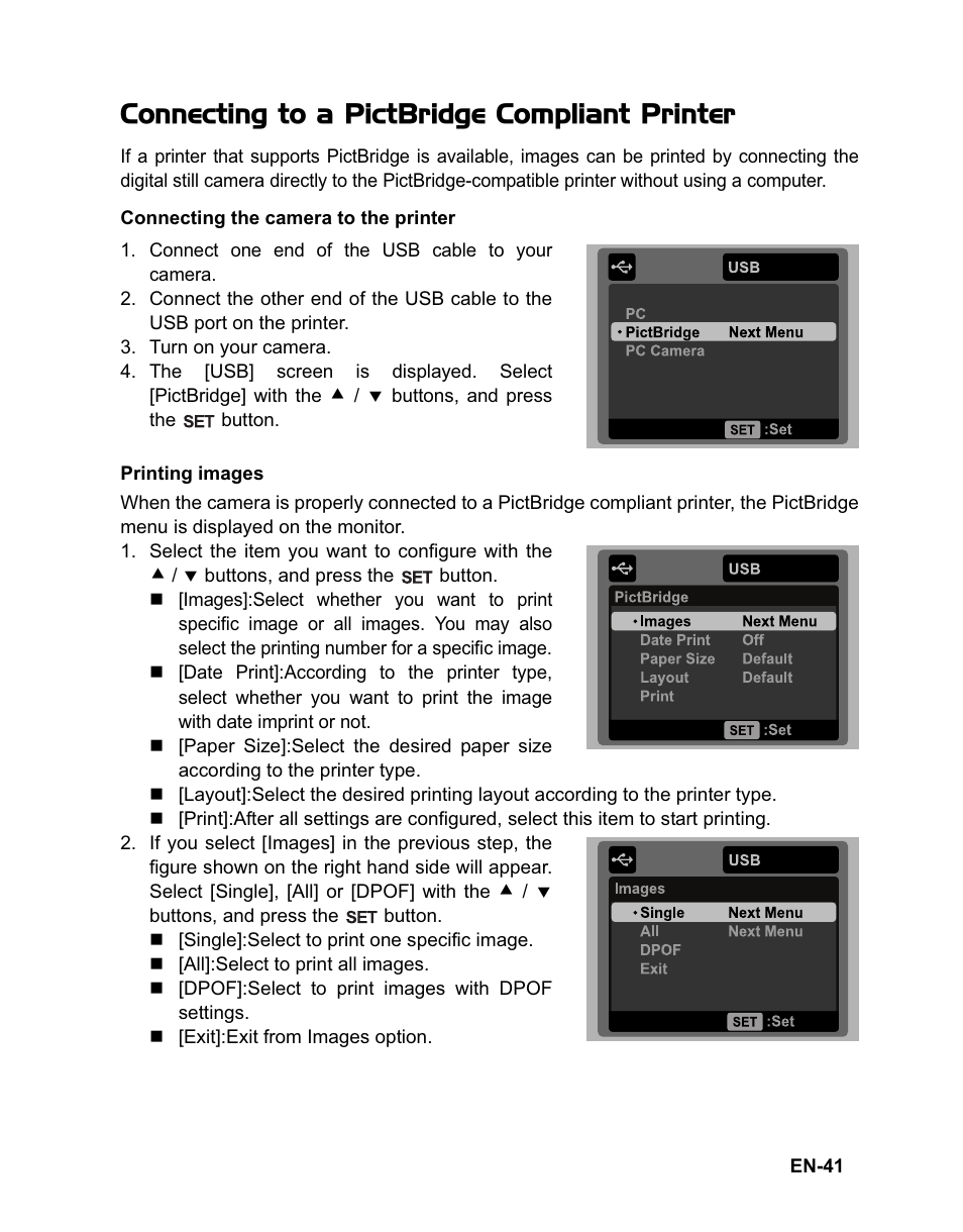 Connecting to a pictbridge compliant printer | Rollei Flexline 140 User Manual | Page 42 / 45