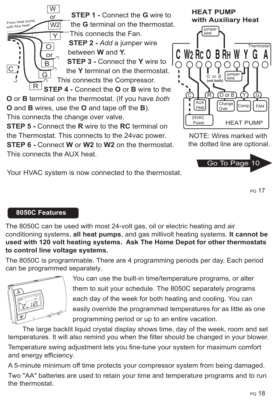 8050c features, Go to page 10 heat pump with auxiliary heat, Bg y r c | Oor w or w2 | ritetemp 8050C User Manual | Page 10 / 10