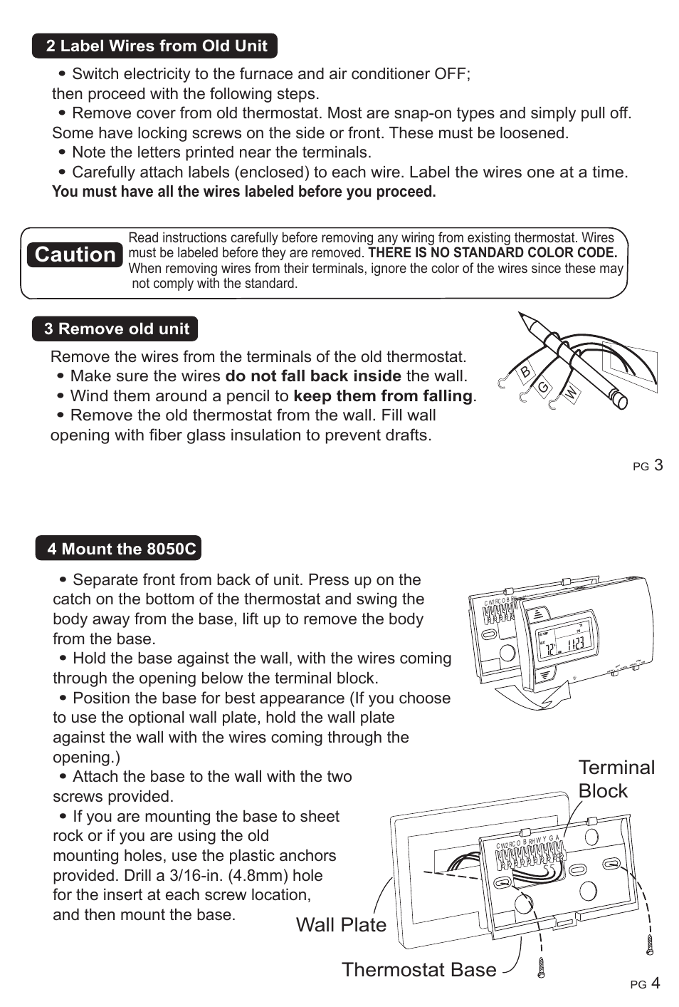 Caution, Terminal block wall plate thermostat base | ritetemp 8050C User Manual | Page 3 / 10