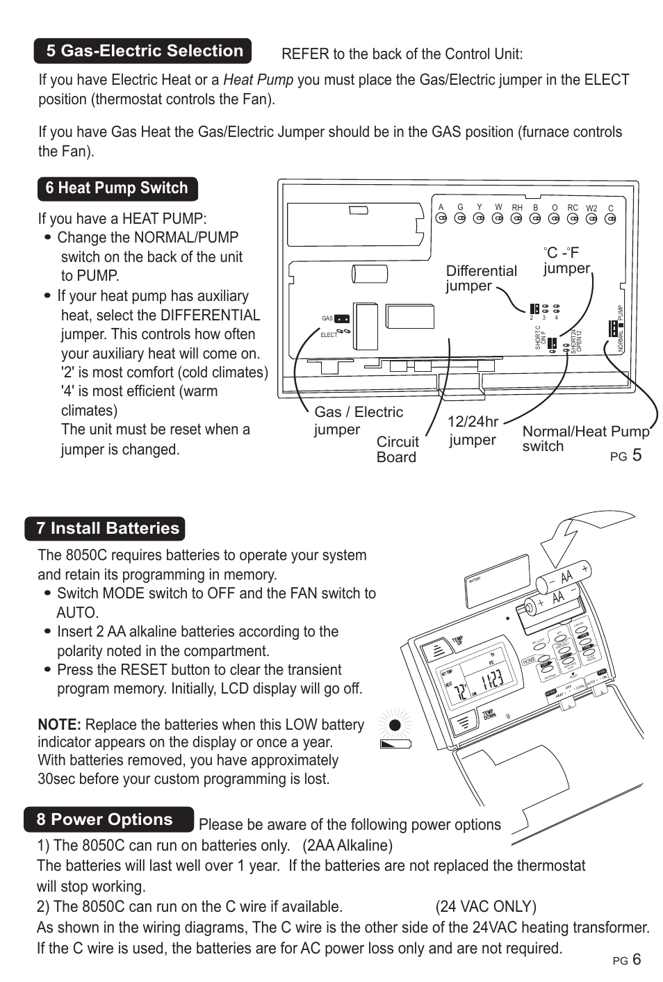 7 install batteries, 5 gas-electric selection 8 power options, 6 heat pump switch | Fjumper normal/heat pump switch 12/24hr jumper | ritetemp 8050C User Manual | Page 4 / 10