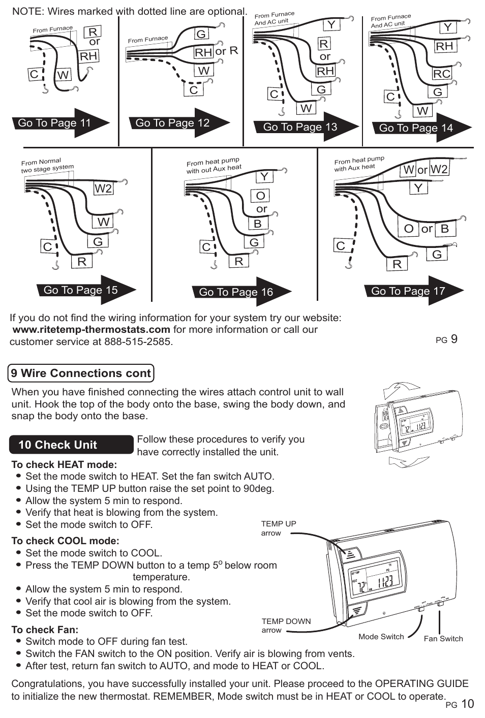 9 wire connections cont, 10 check unit, Wg w2 r c | Bg y r c, O or w or w2 | ritetemp 8050C User Manual | Page 6 / 10