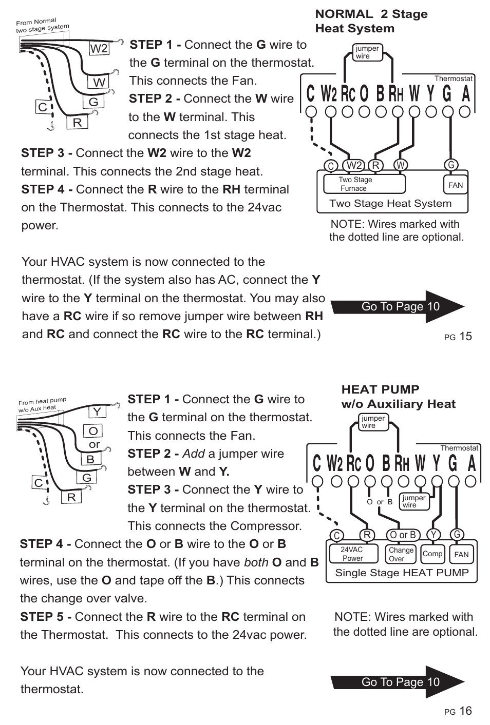 Heat pump w/o auxiliary heat, Normal 2 stage heat system, Wg w2 r c | ritetemp 8050C User Manual | Page 9 / 10
