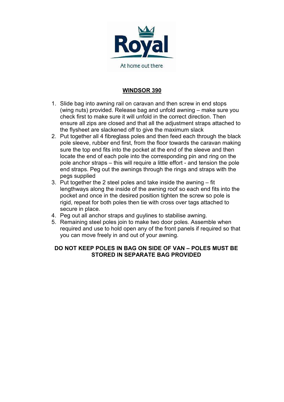 Royal Leisure WINDSOR 390 User Manual | 1 page