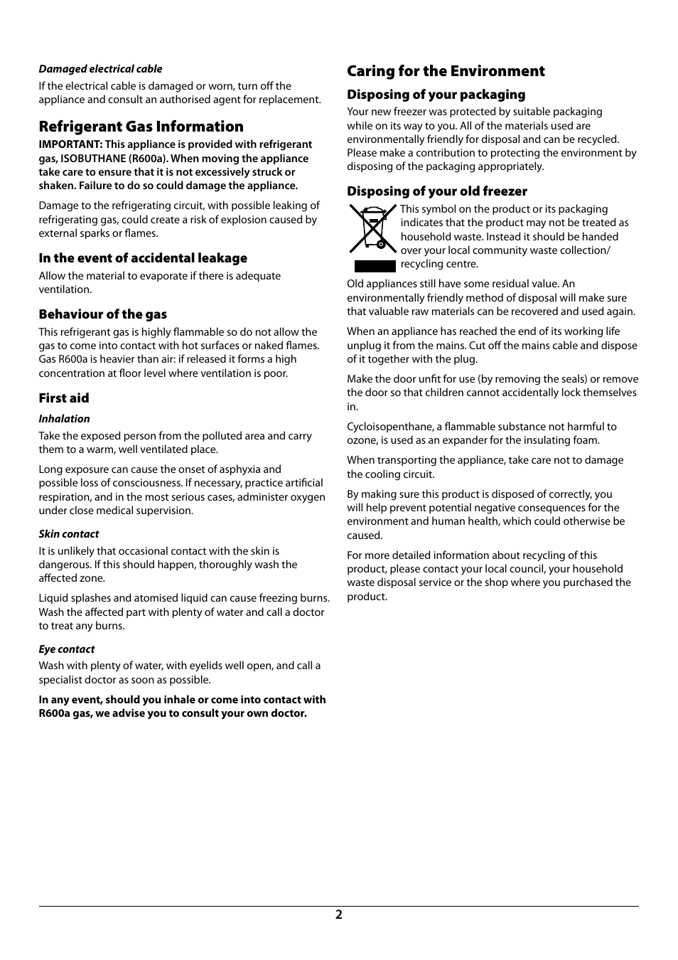 Refrigerant gas information, Caring for the environment | Rangemaster U110120 - 01A User Manual | Page 4 / 20
